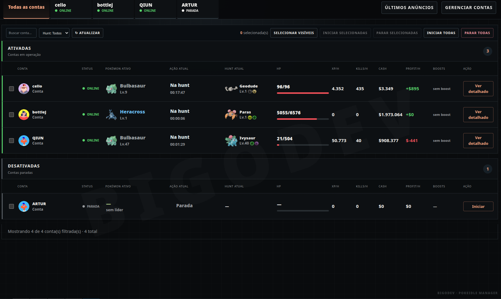Dashboard multi-conta do PokeIdle Manager