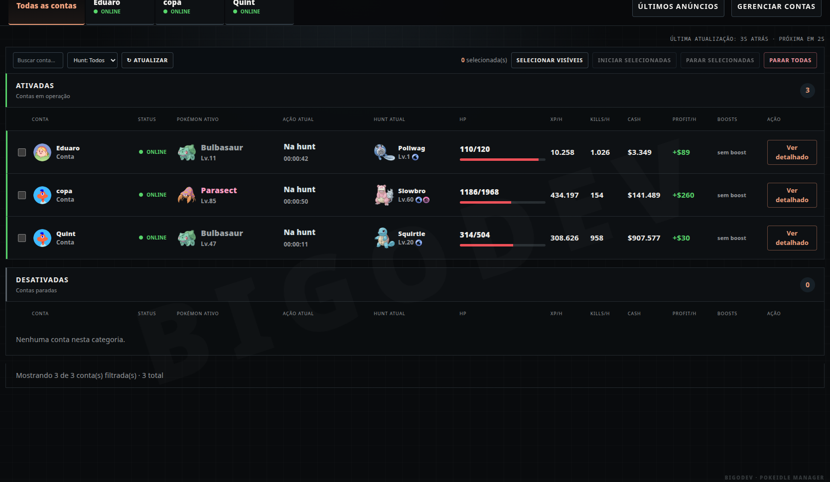 Dashboard multi-conta do PokeIdle Manager