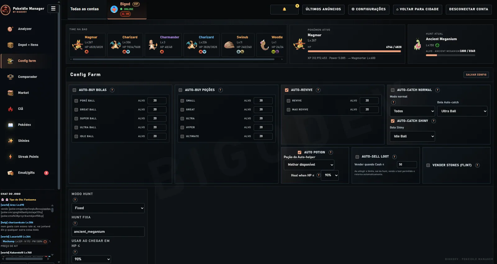 Tela Premium de Config Farm com Auto Potion, Auto-catch e estoque-alvo